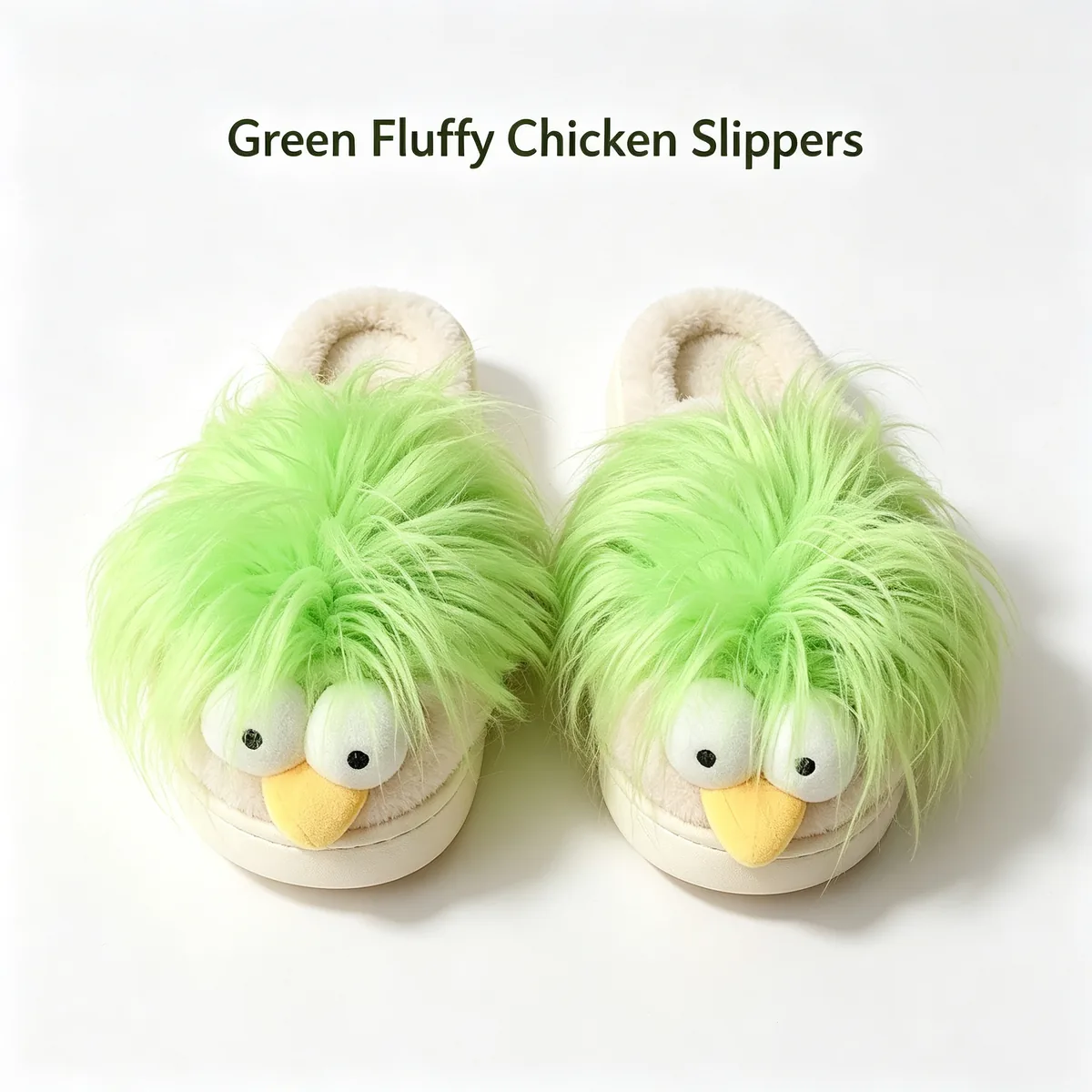 home-green-fluffy-chicken-slippers-01 Green Fluffy Chicken Slippers - Image 1